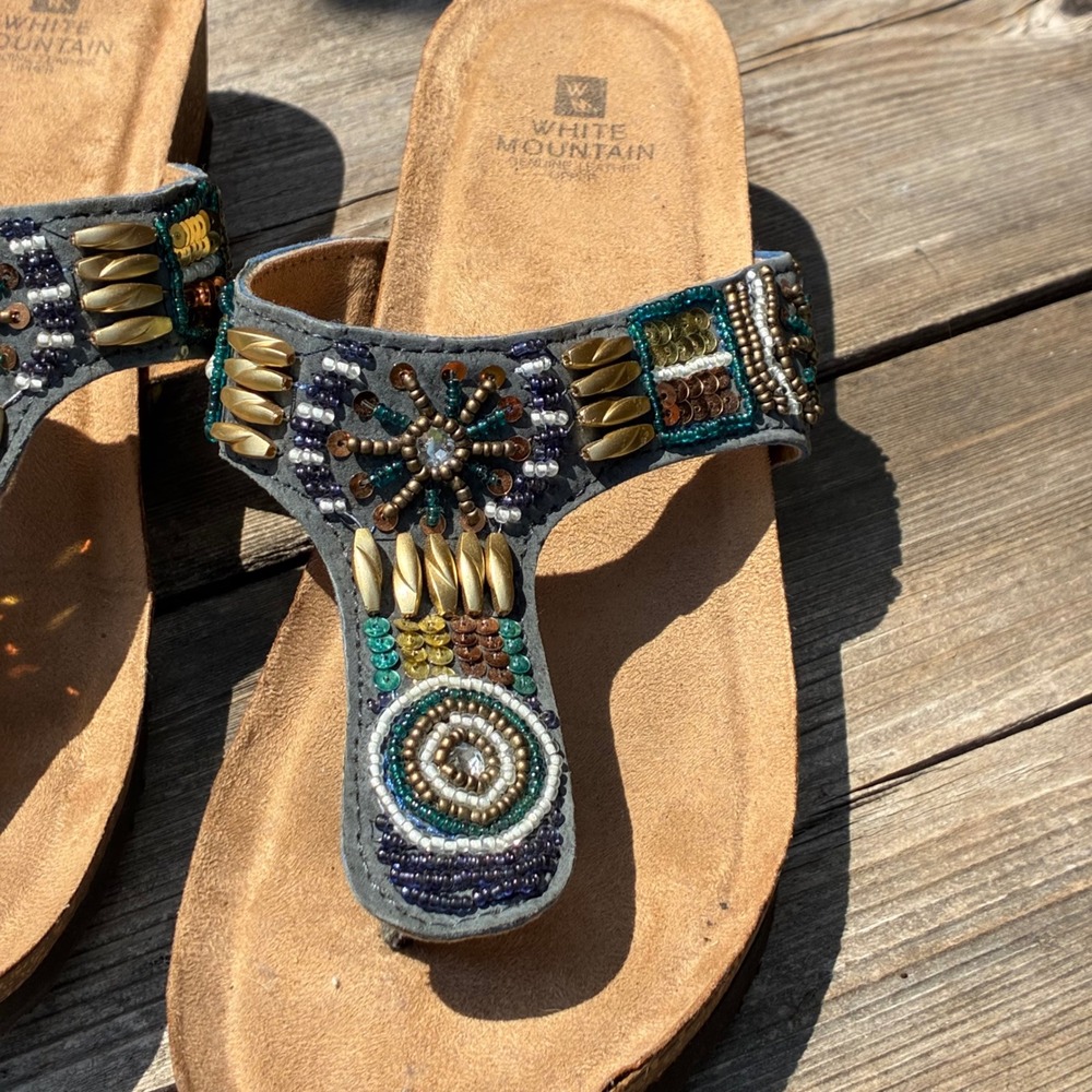 White Mountain Bluebell Beaded Wedge Sandals Womens 9 Boho Cork Footbed Flip